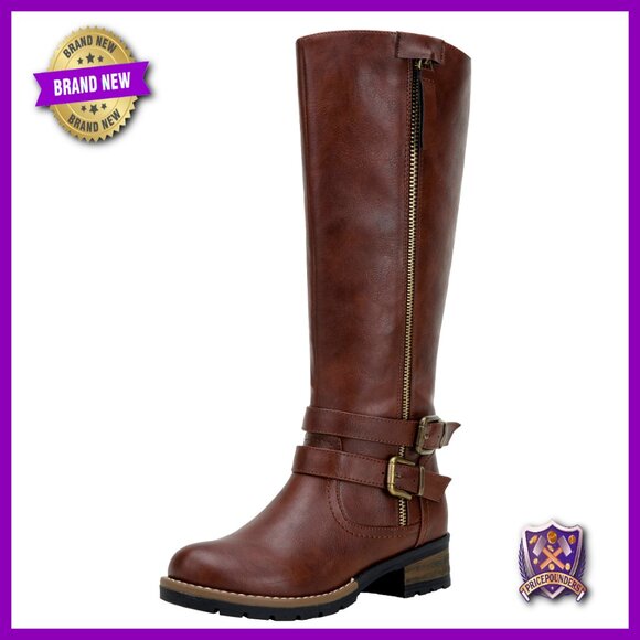Knee High Riding Boots Low Heel Side Zipper Synthetic Leather Wide Calf